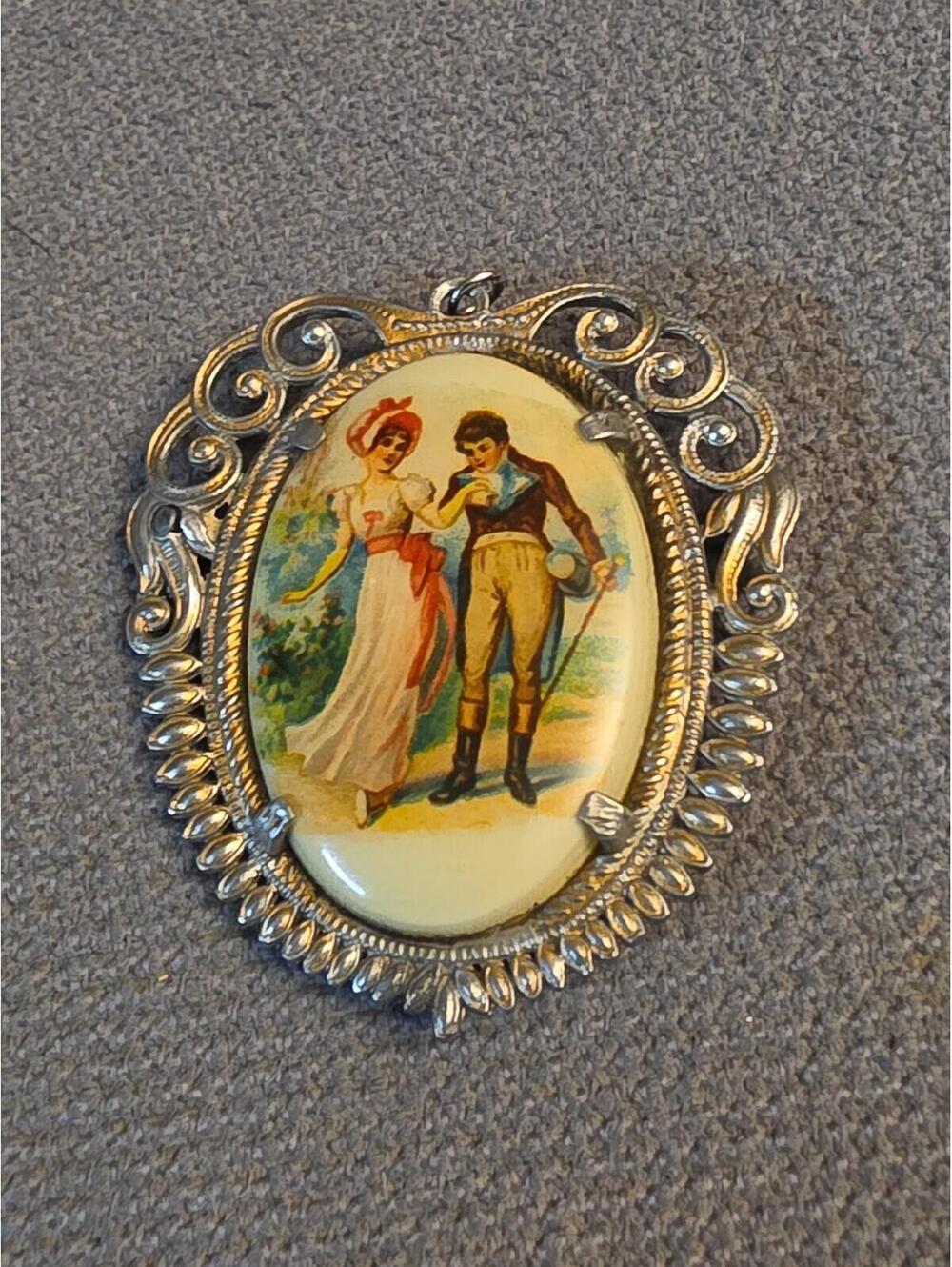 Vintage Porcelain Victorian Courting Couple  Brooch Pendant PAT Silver Tone